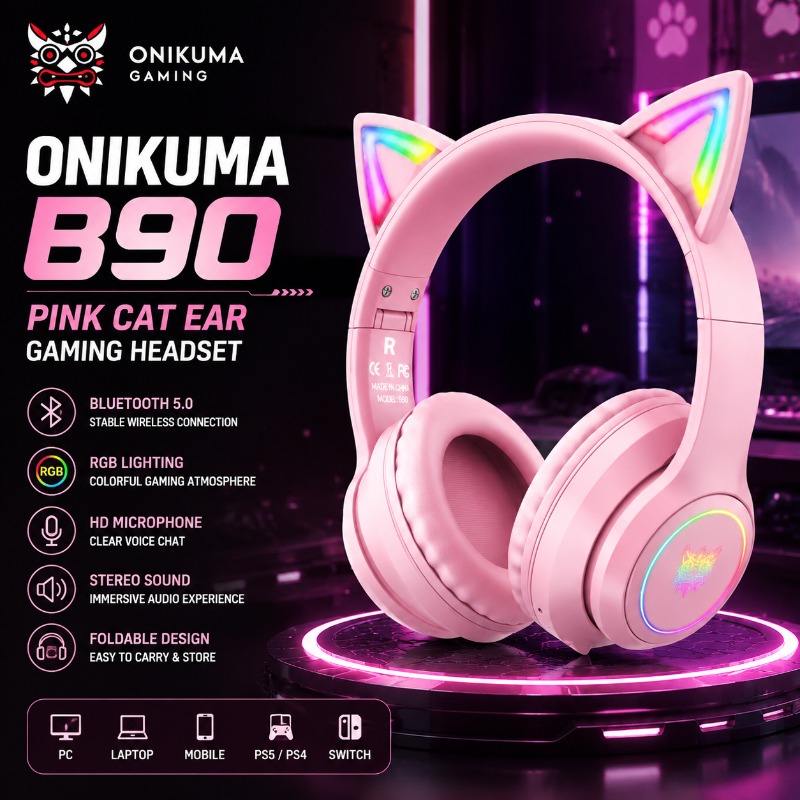 Gaming Headset Rgb - Onikuma B90 Pink Cat Ear Gaming